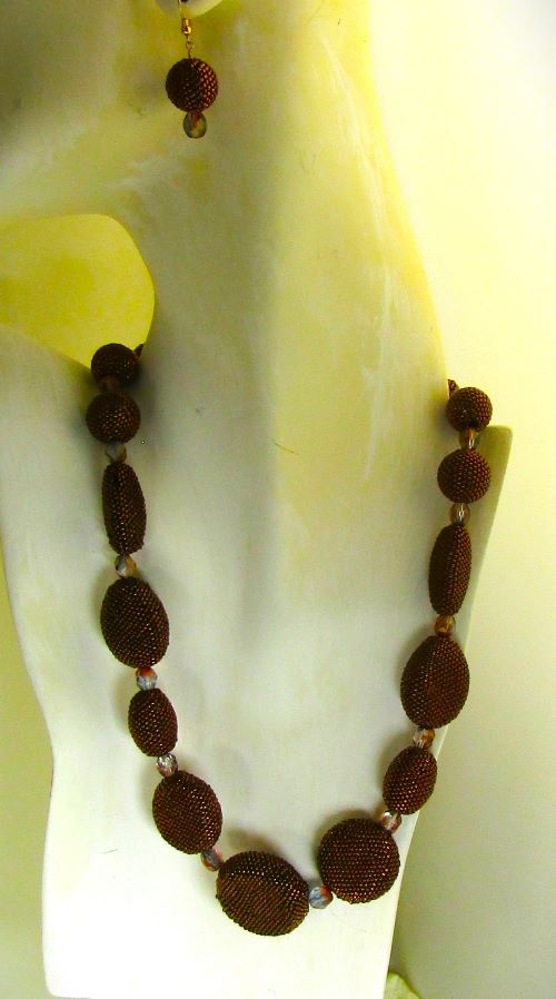 Brown Handmade Seed Bead Necklace & Earrings