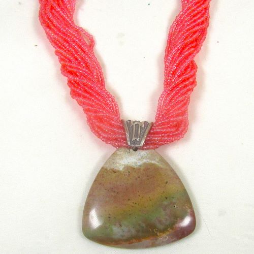 Hot pink multi-strand twisted seed bead necklce with earthy tone gemstone jasper pendant