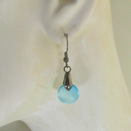 Delicate Blue Drop Earring on Gun Metal Ear wires