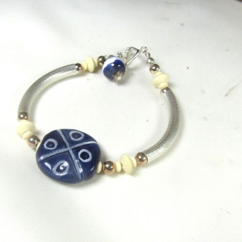 Navy Kazuri Bangle  Bracelet with Silver Accents