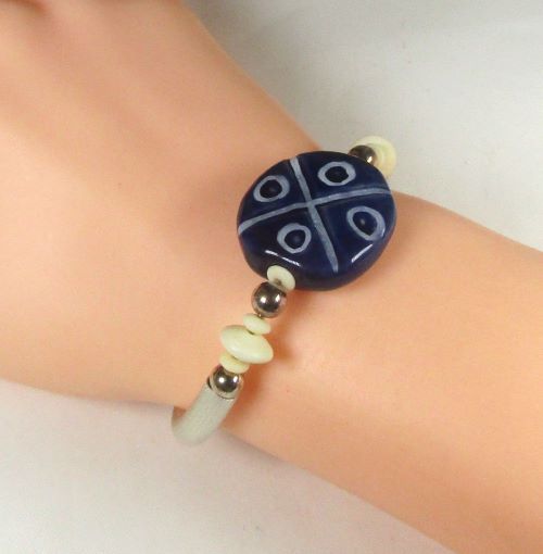 Navy Kazuri Bangle  Bracelet with Silver Accents