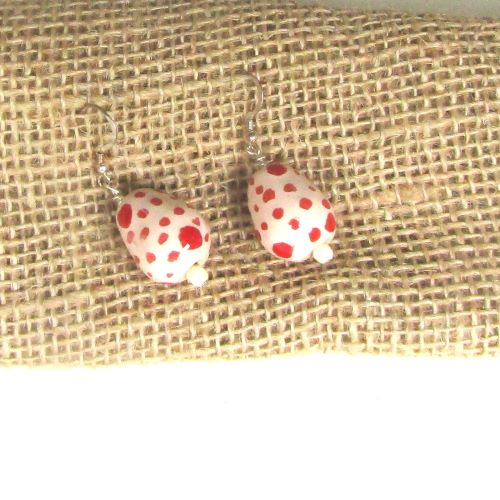 Cream and Red Kazuri Teardrop Handmade Earrings