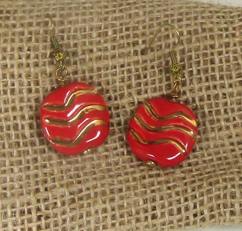 Earrings in Handmade  Red and Gold Kazuri Beads