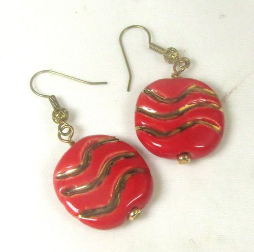 Earrings in Handmade  Red and Gold Kazuri Beads