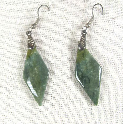 Designer Cut Diamond Shaped Green Jasper Gemstone Earrings