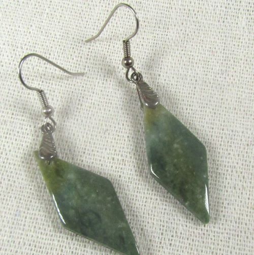 Designer Cut Diamond Shaped Green Jasper Gemstone Earrings