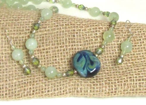 Green and Blue Swirls Lampwork Glass Bead & New Jade Set