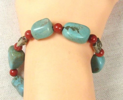 Turquoise Nugget and Red Bead Bracelet