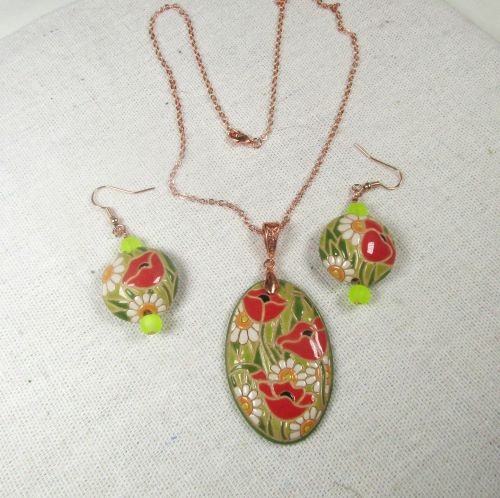 Handmade Artisan Pendant Necklace & Earrings Floral Design