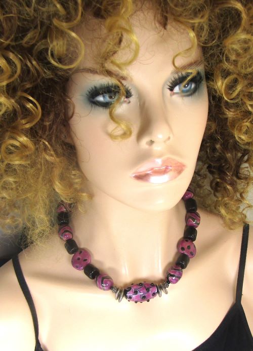 Purple & Black Kazuri Necklace Handmade Artisan Beads