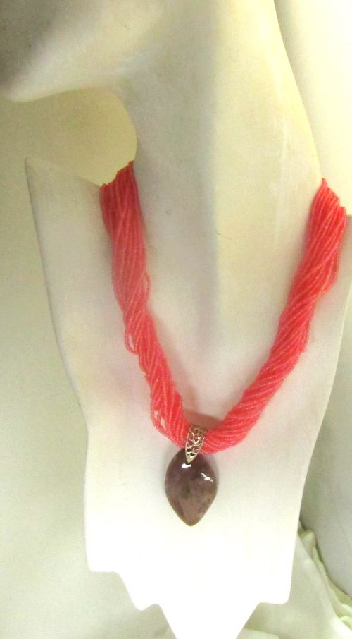 Hot Pink Multi-strand Necklace with Imperial Jasper Pendant