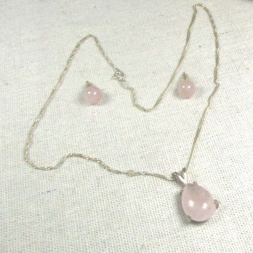 Pink Quartz Crystal Pendant Necklace & Stud Earrings