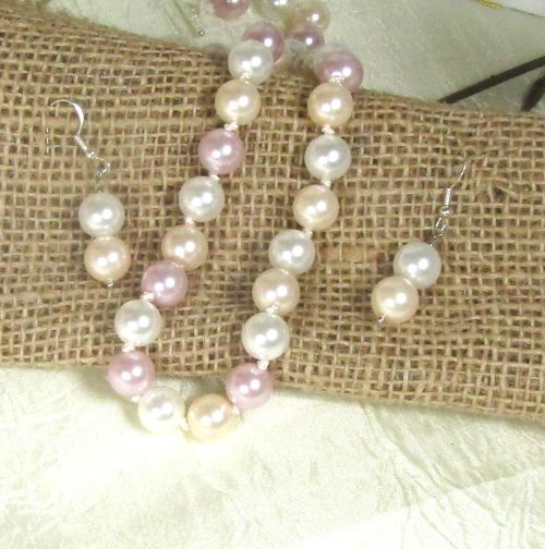 pink shell pearl necklace & earrings