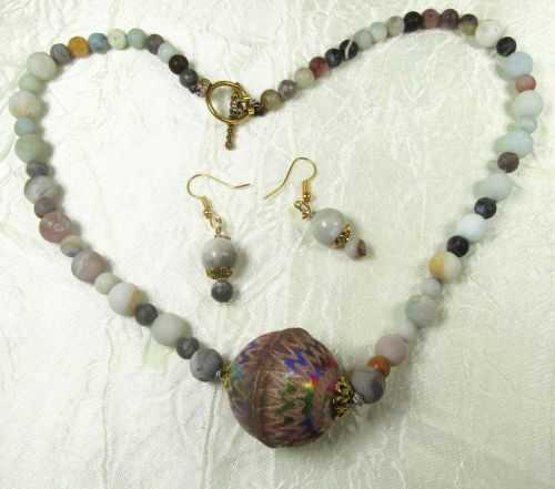 Gemstone & Leatyher Bead Necklace & Errings