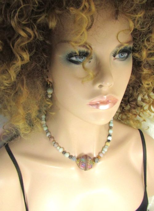 Statement Necklace in Gemstone Amazonite  & Rainbow Leather Bead