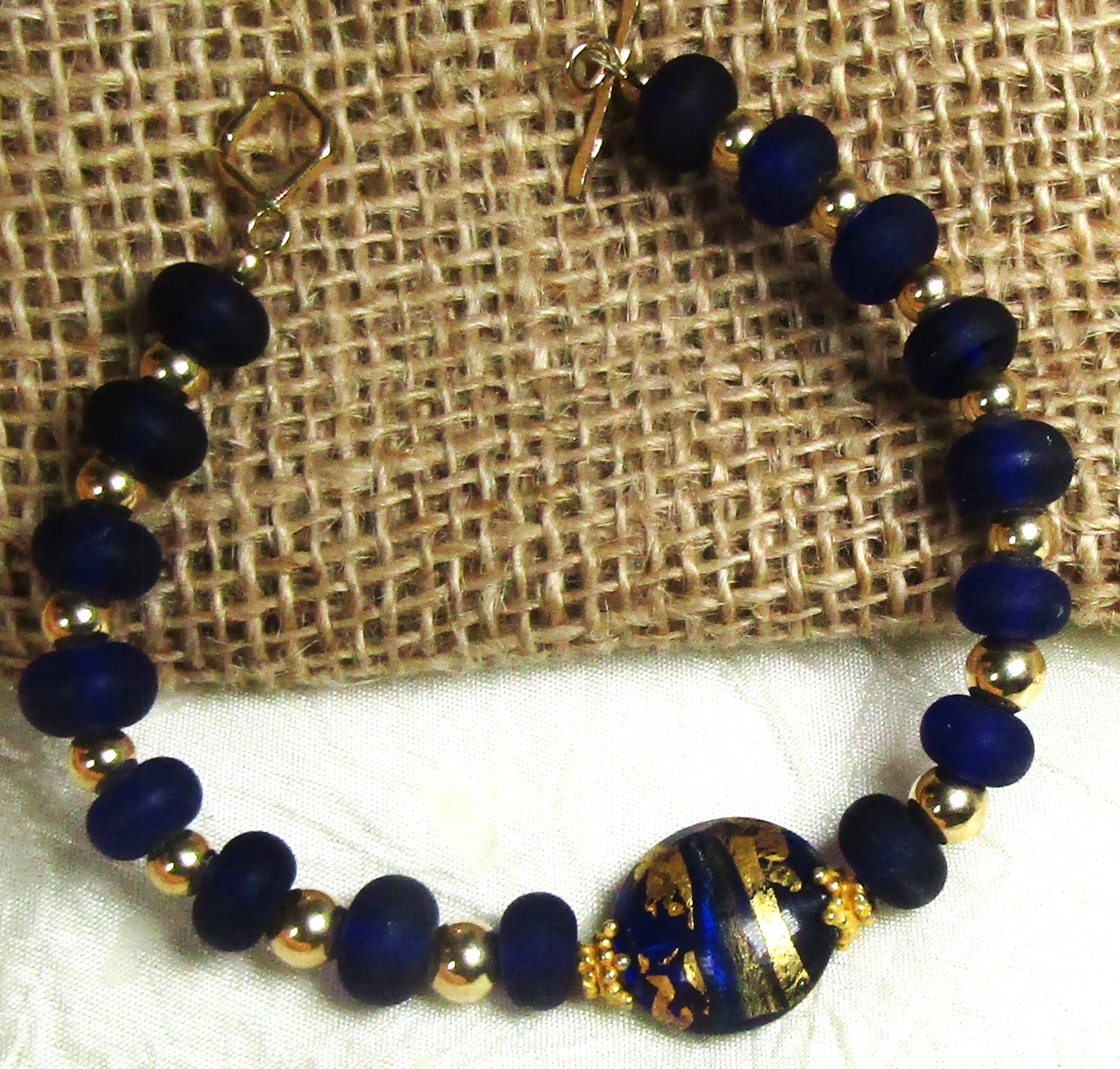 Royal Blue and Gold Handmade Artisan Bead Bracelet