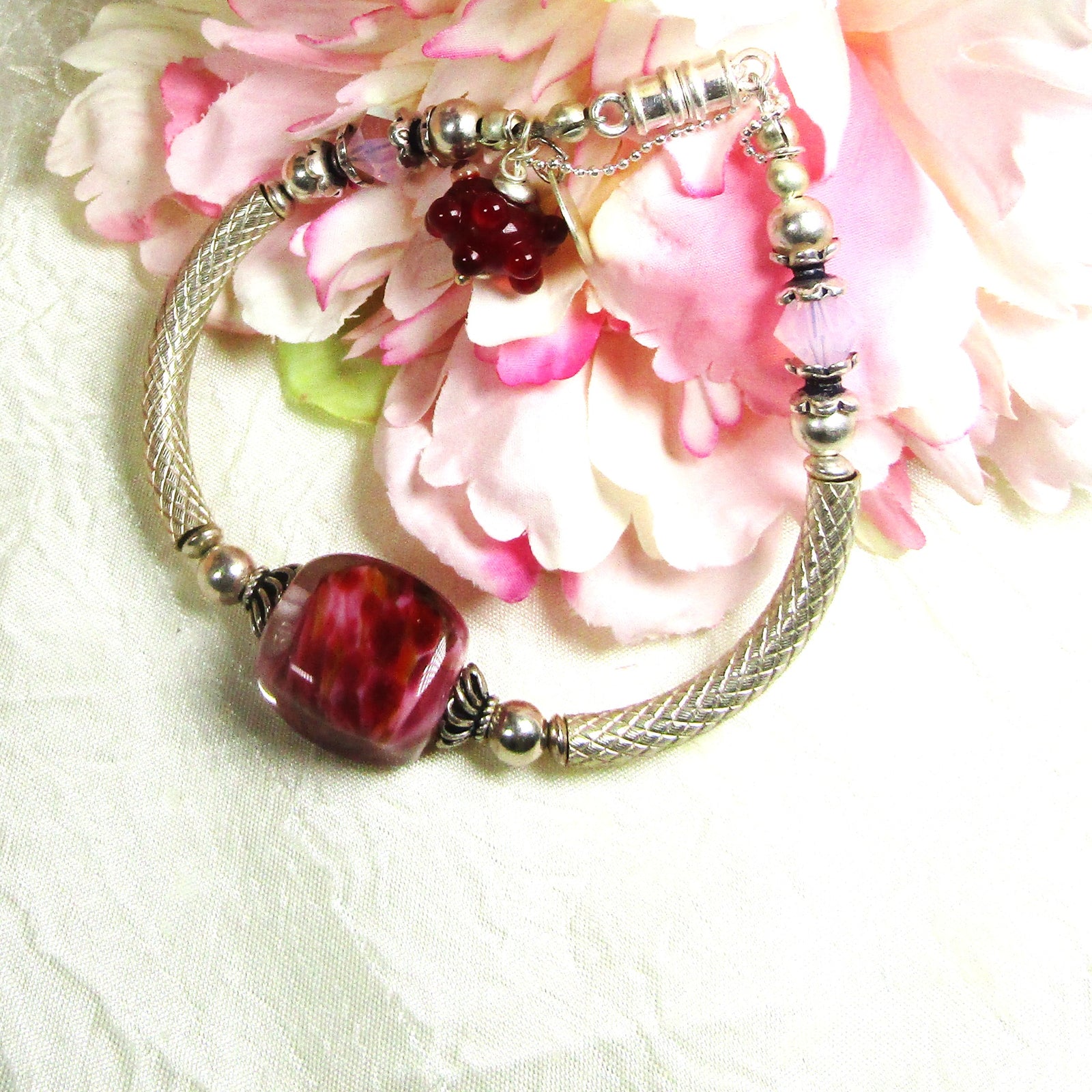 Silver Bangle Bracelet in Cherry and Cream Artisan Bead