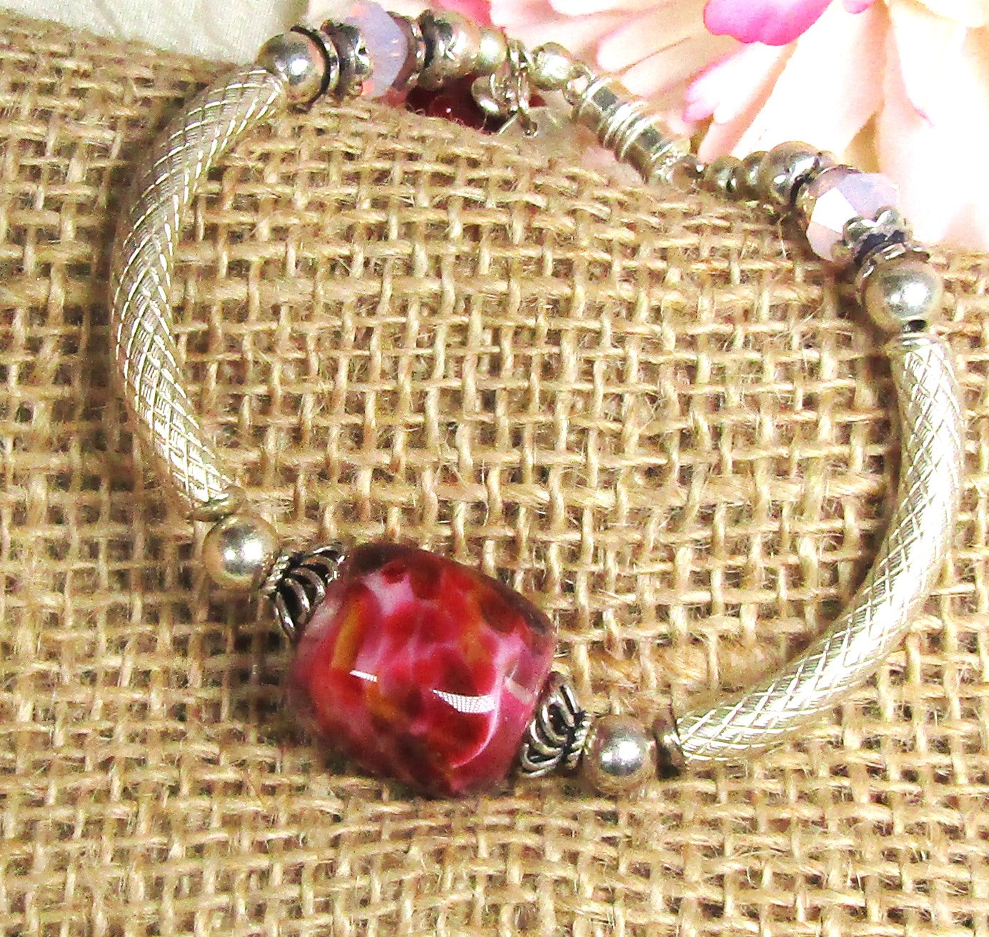 Silver Bangle Bracelet in Cherry and Cream Artisan Bead