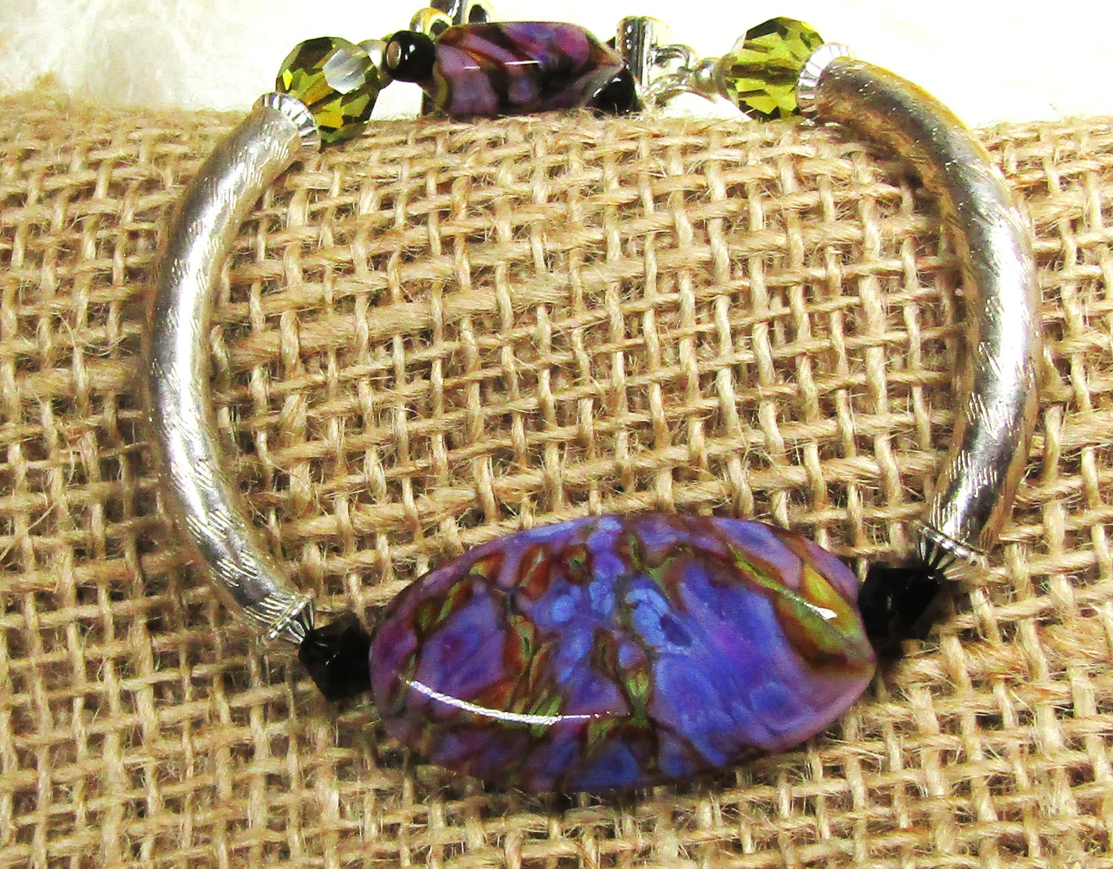 Purple Handmade Artisan  Bead & Silver Bangle Bracelet