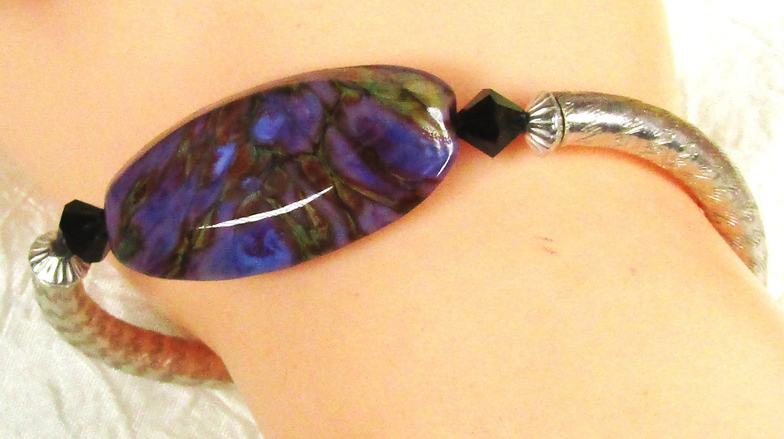 Purple Handmade Artisan  Bead & Silver Bangle Bracelet