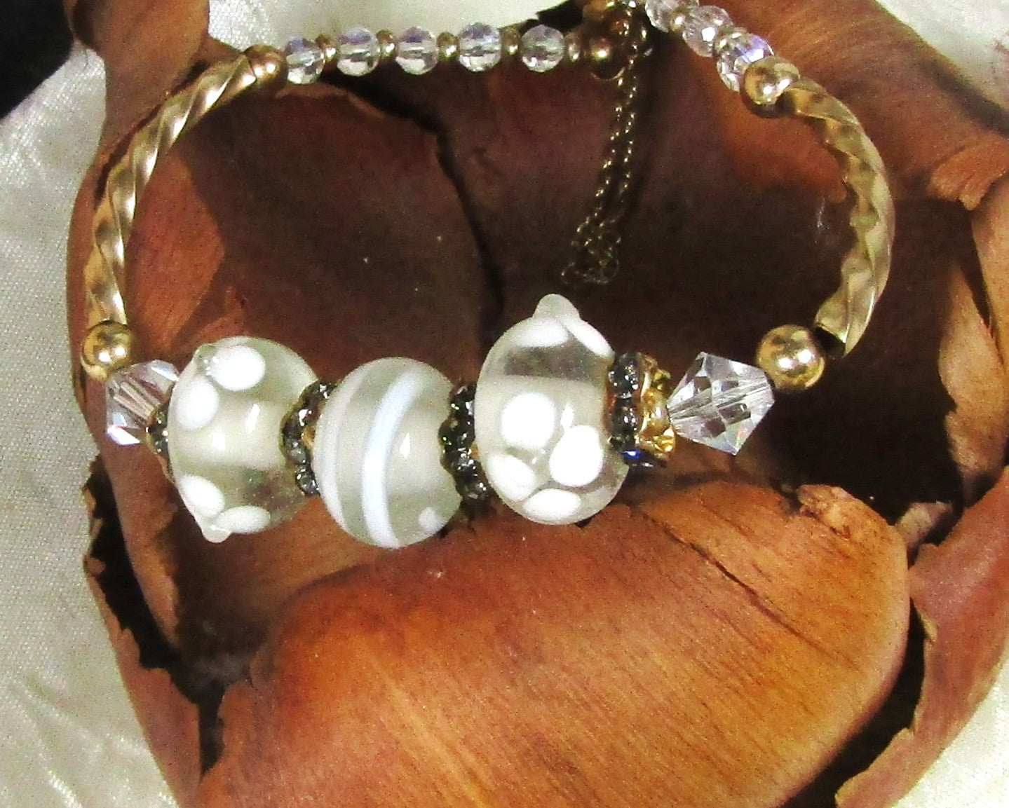 White Artisan Bead and Gold Bangle Bracelet