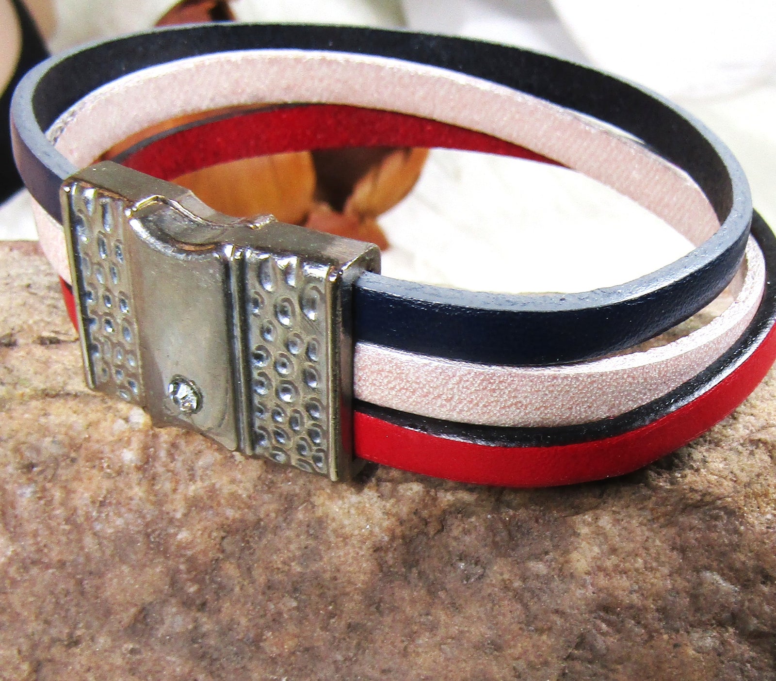 Red White & Blue Leather Cuff Bracelet with Silver Clasp