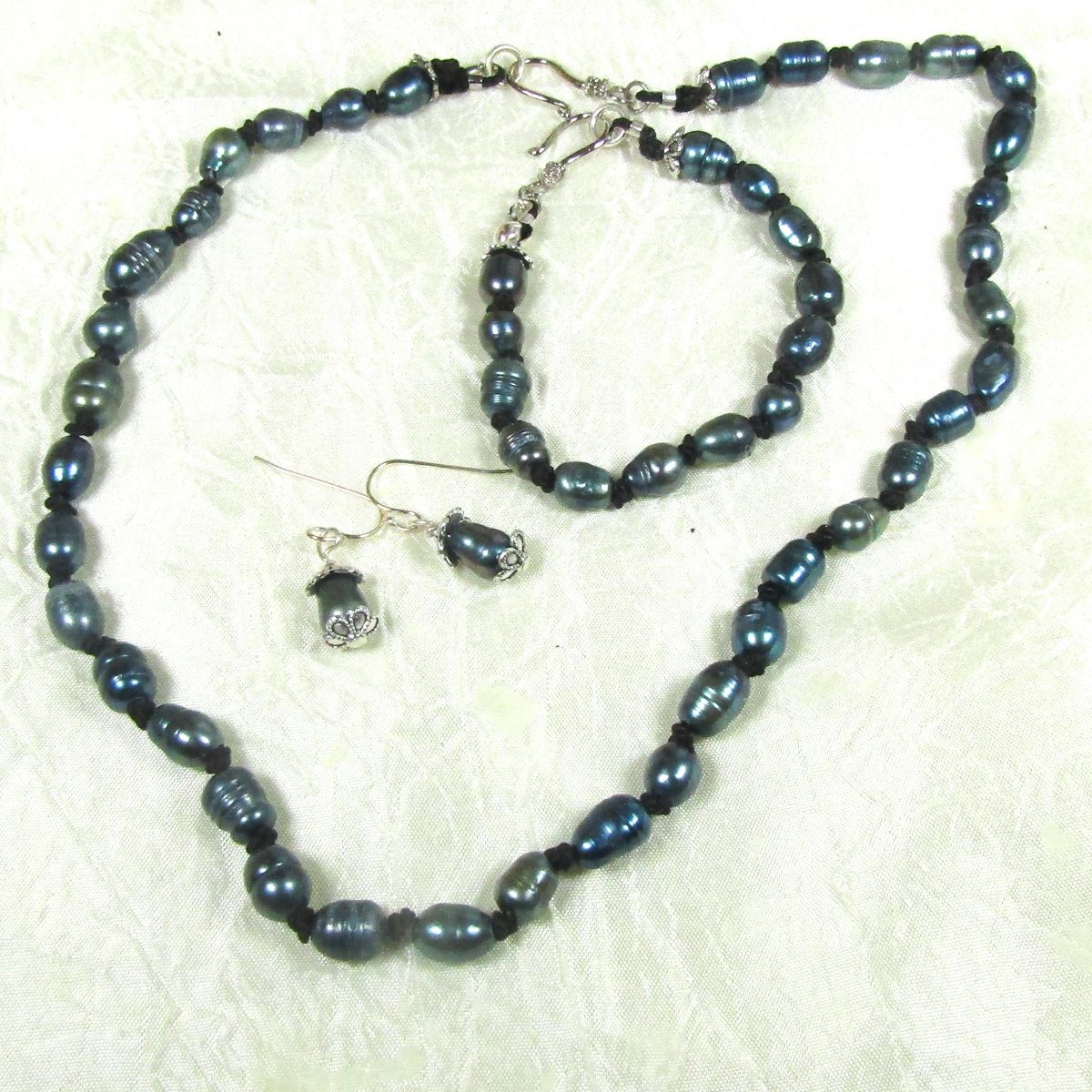 Dark Blue Pearl Necklace, Bracelet & Earrings