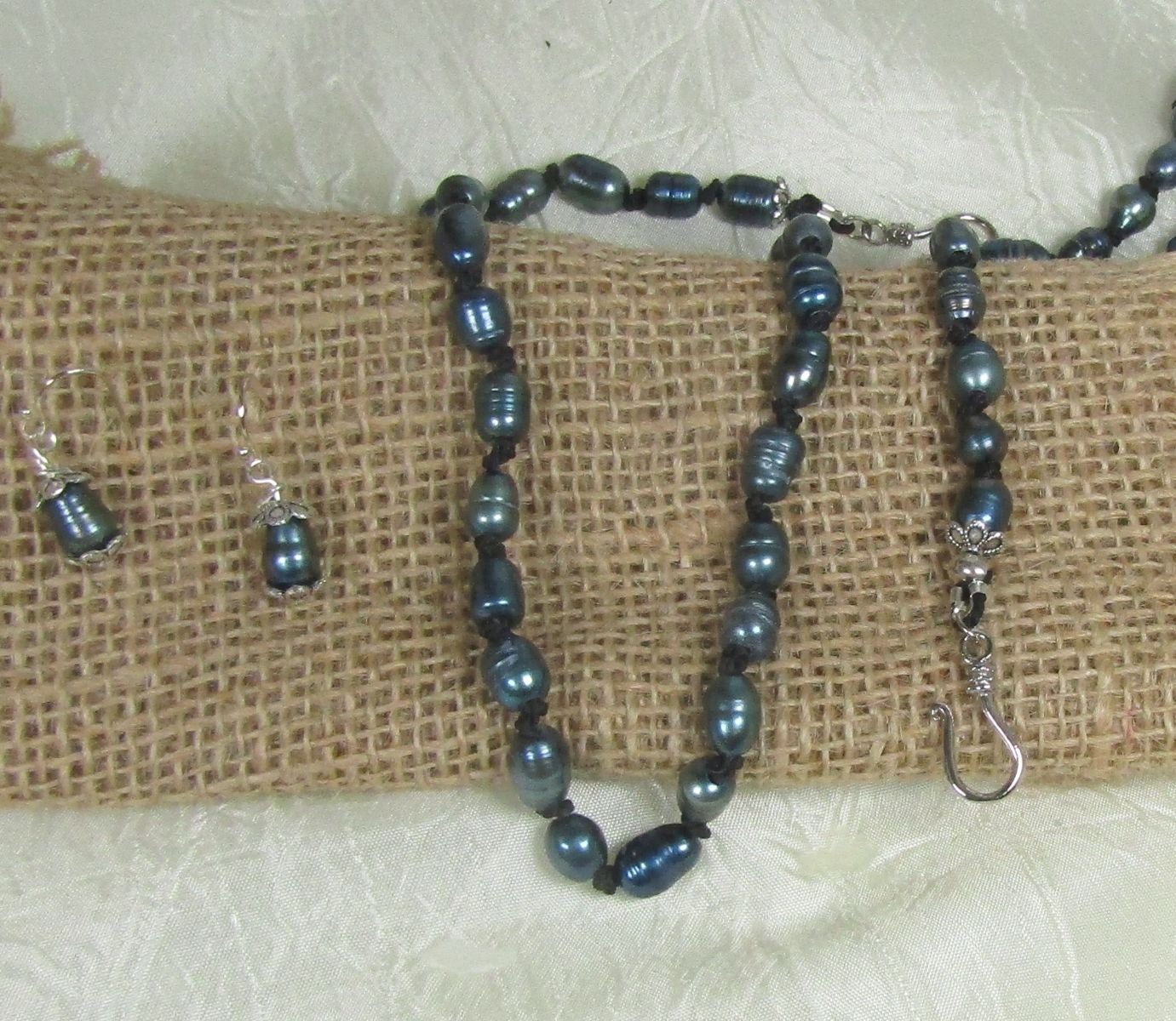 Dark Blue Pearl Necklace, Bracelet & Earrings