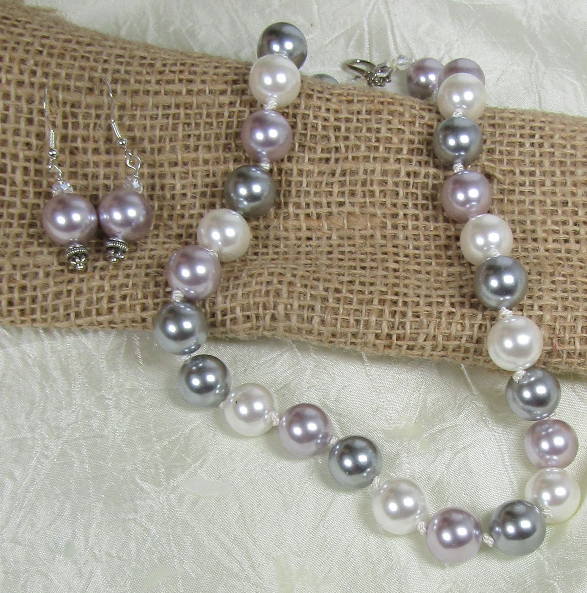 White & Gray Shell Pearl Necklace & Earrings
