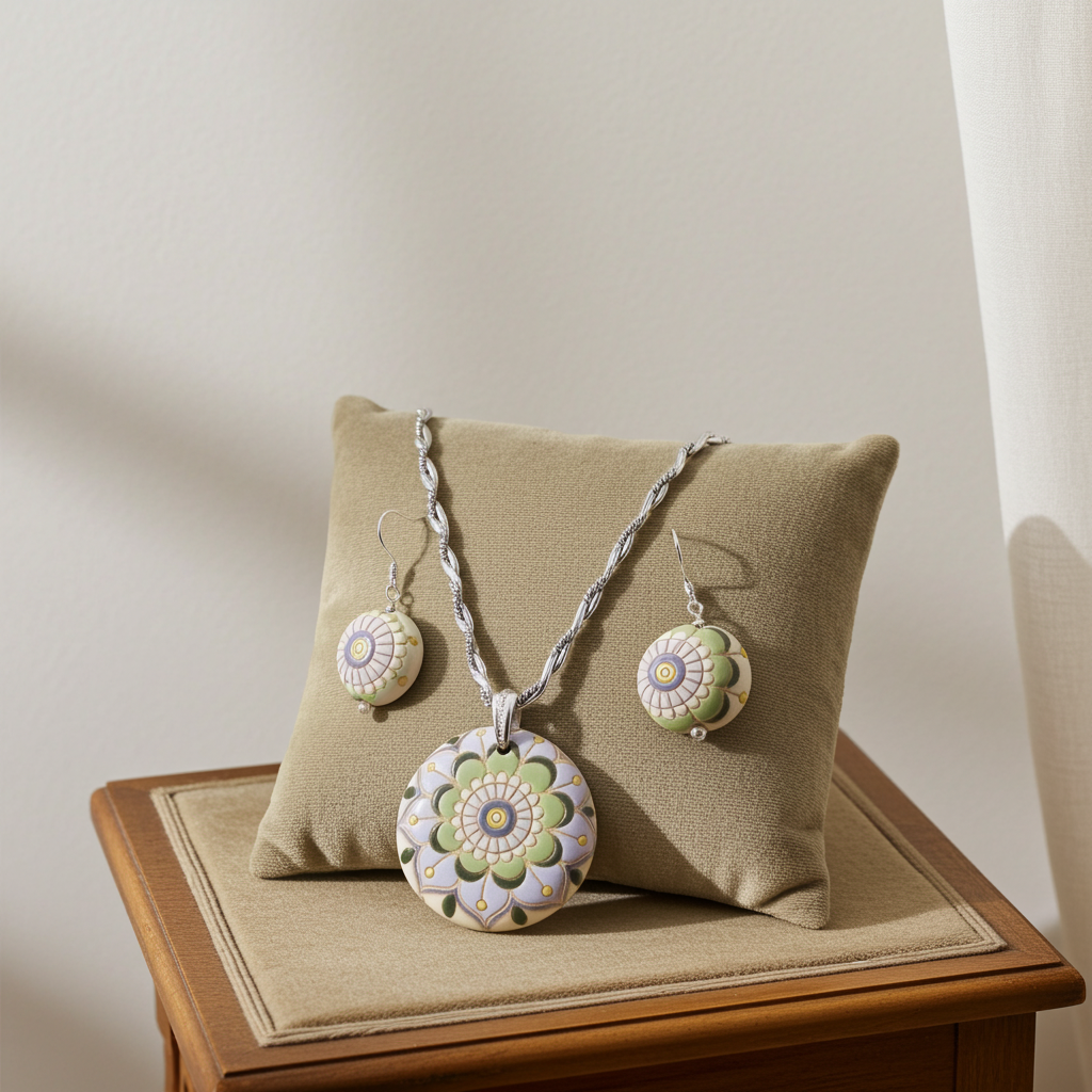 Silver Neck Wire with Handmade Artisan Bead Pendant  & Earrings