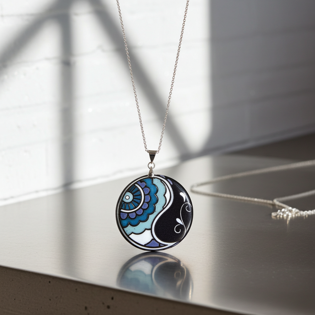 Grey, Aqua & White Artisan Bead Pendant Necklace