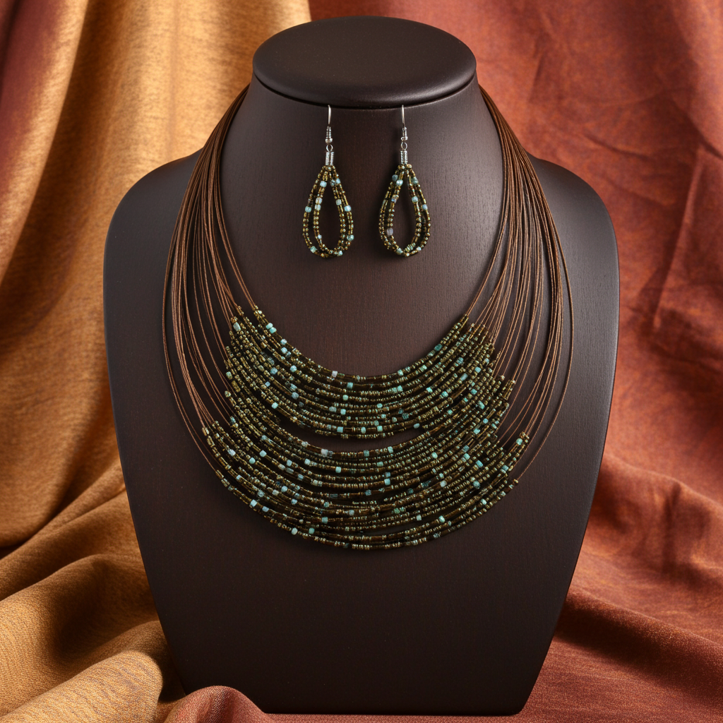 Gold Seed Bead Multi-strand  Necklace & Earrings