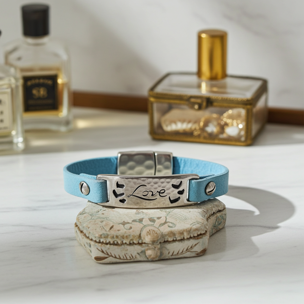 Blue Leather ID Style Bracelet with Love Bar