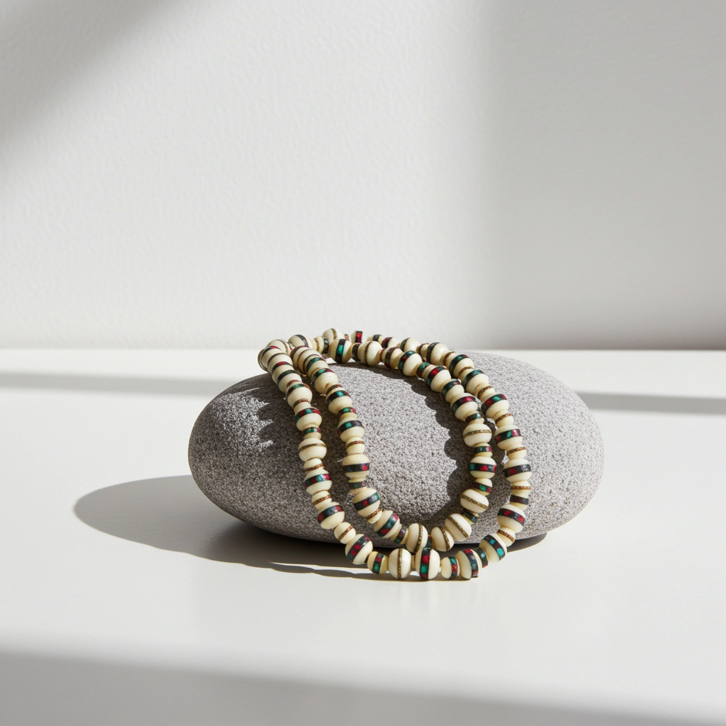 Beige African Trade Bead Necklace Double Strand