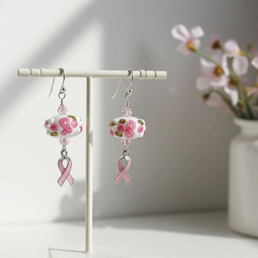 Pink Awareness Ribbon & Silver Earrings