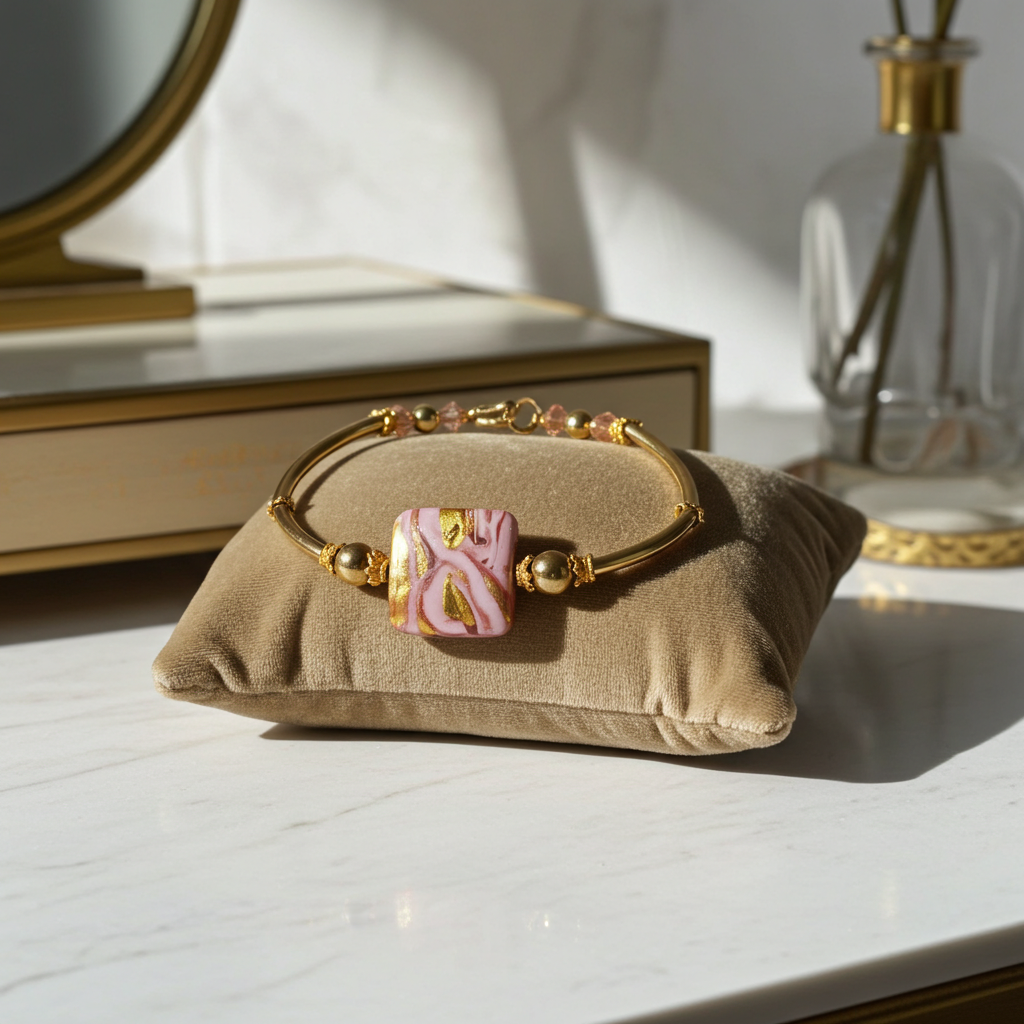 Handmade Pink  and Gold Bangle  Bracelet