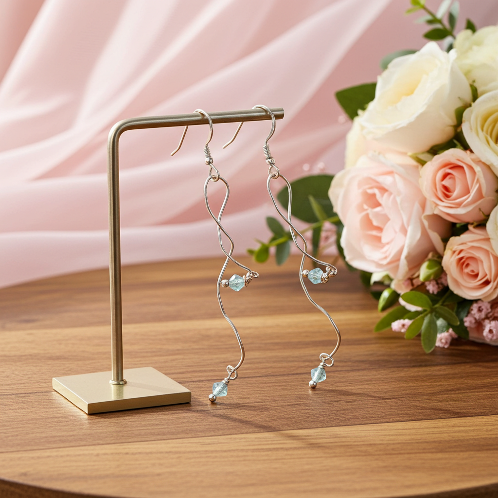 Long Dangling Earrings Sterling Silver and Aqua Crystal