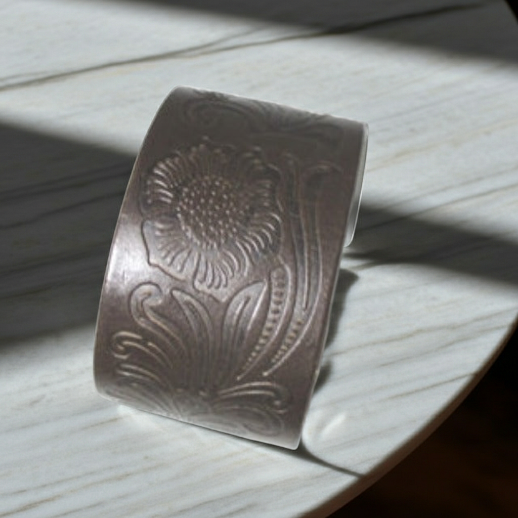 Stunning Brown Wide Tooled Leather Cuff Bracelet Unisex
