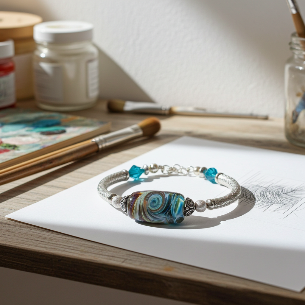 Turquoise Swirled Handmade Artisan  Bead Bangle Bracelet