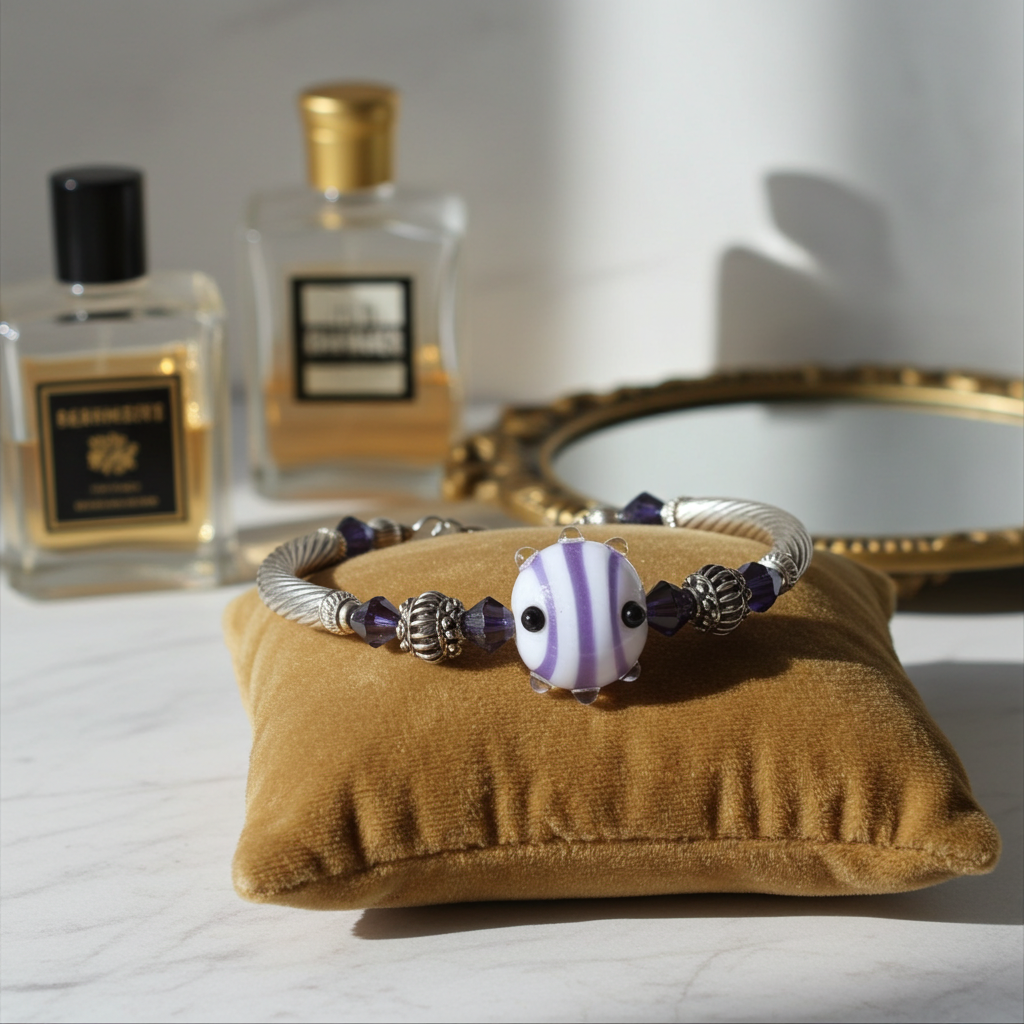 Fair Trade Kazuri Bangle Bracelet in White & Purple