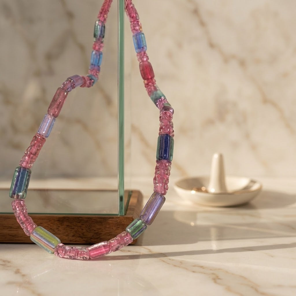 Pink & Blue Handmade Artisan Bead Necklace