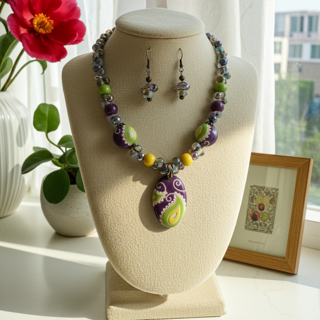 Handmade Green & Purple Artisan Bead Big Bold Necklace & Earrings