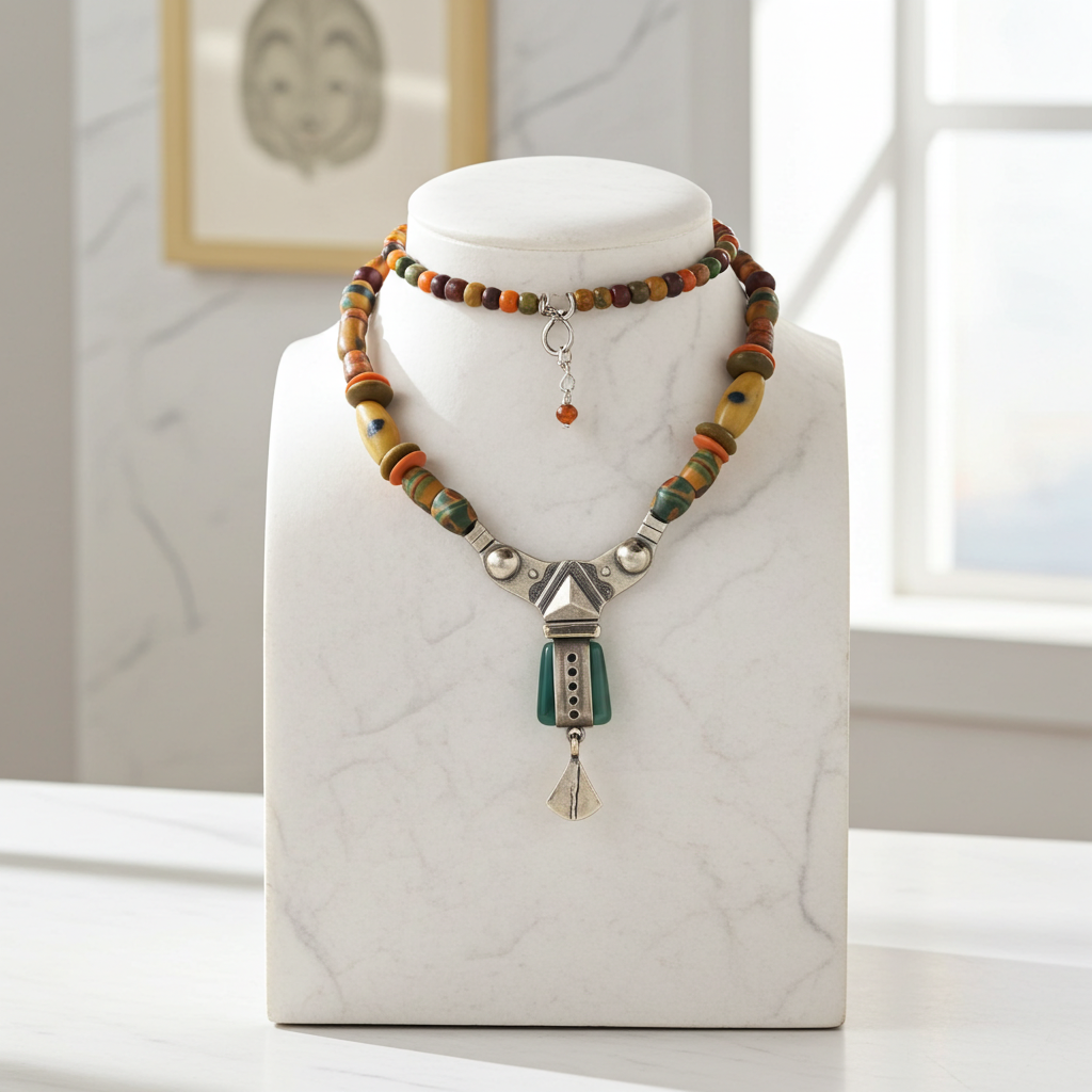 African Antique Silver & Jade Beaded  Pendant Necklace