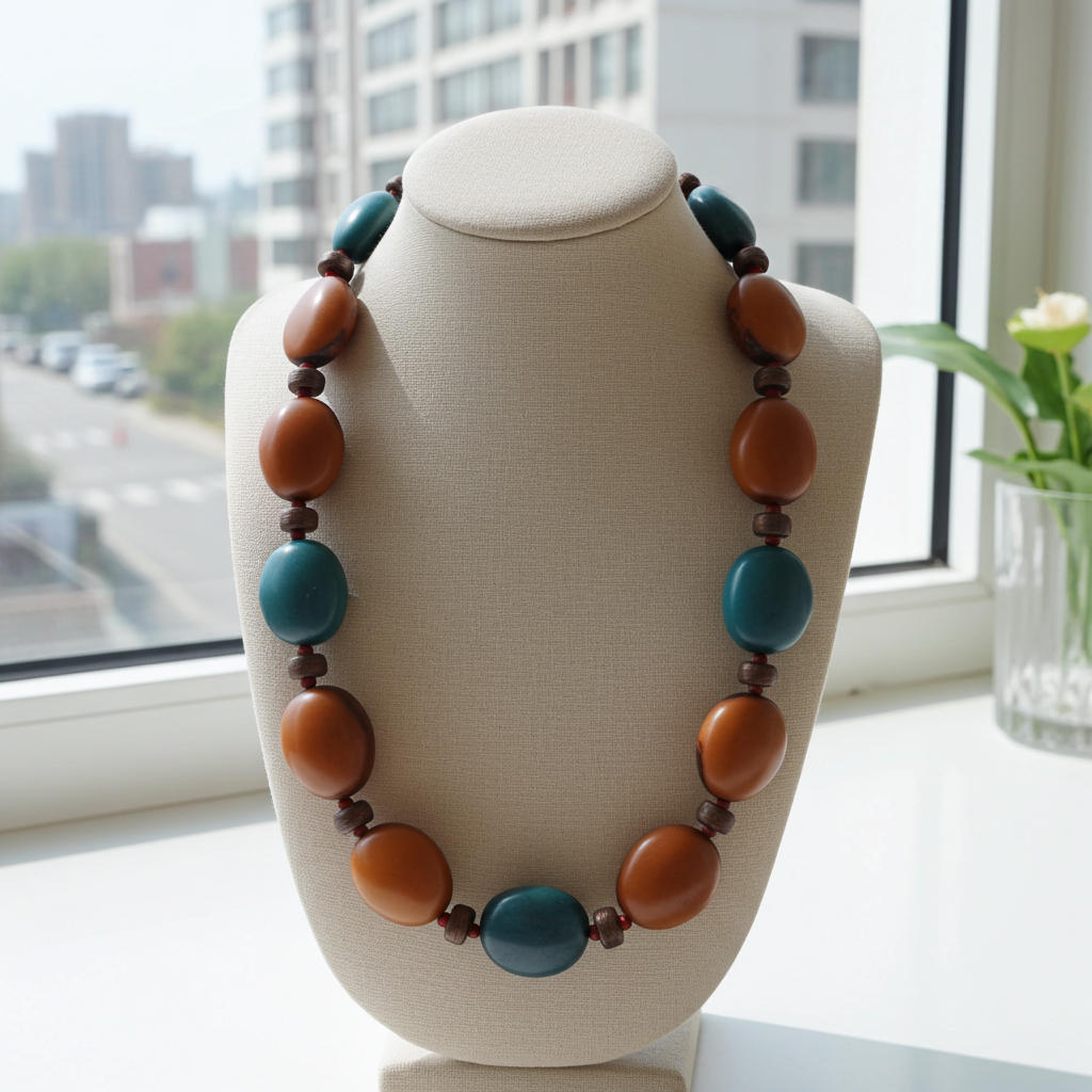 Large Pumpkin and Turquoise Tagua Nut Bead  Statement Necklace