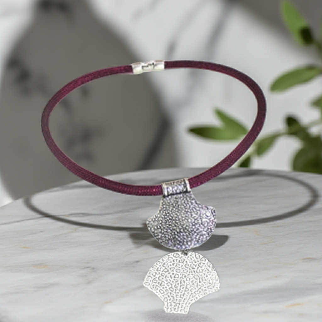 Silver Shield Pendant on Maroon Metallic Cord Necklace