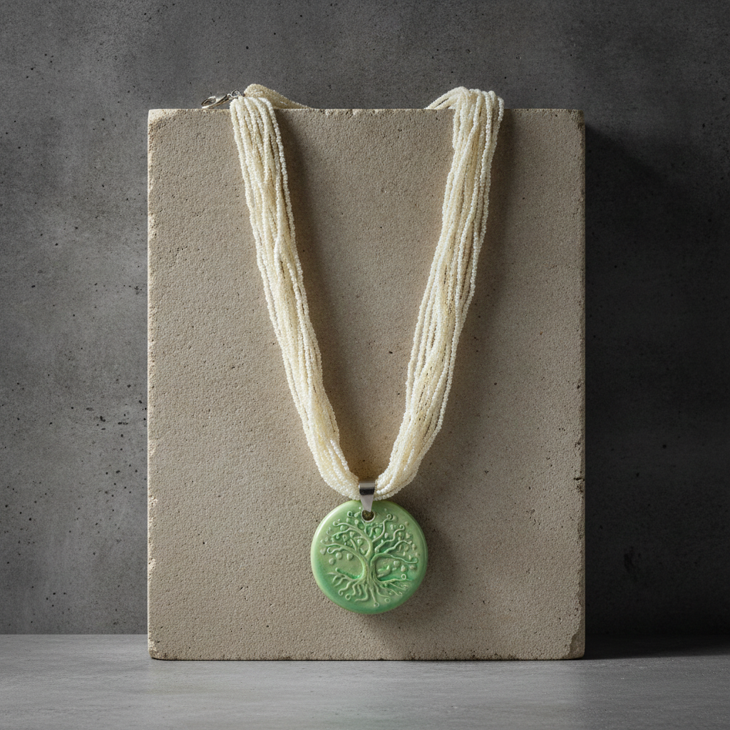 Pearl White Necklace with Claycult Tree of Life Green Pendant