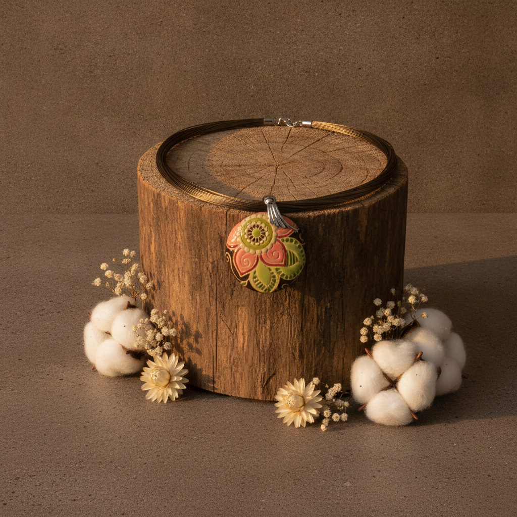 Handmade Pink Flower Pendant Necklace on Multi-strand Necklace