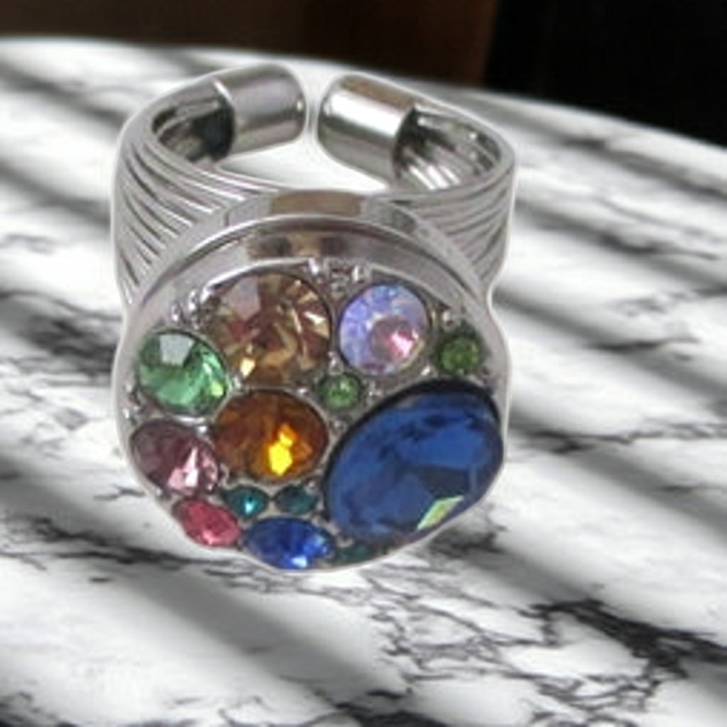 Multi Crystal  Fashion Silver Ring Adjustable