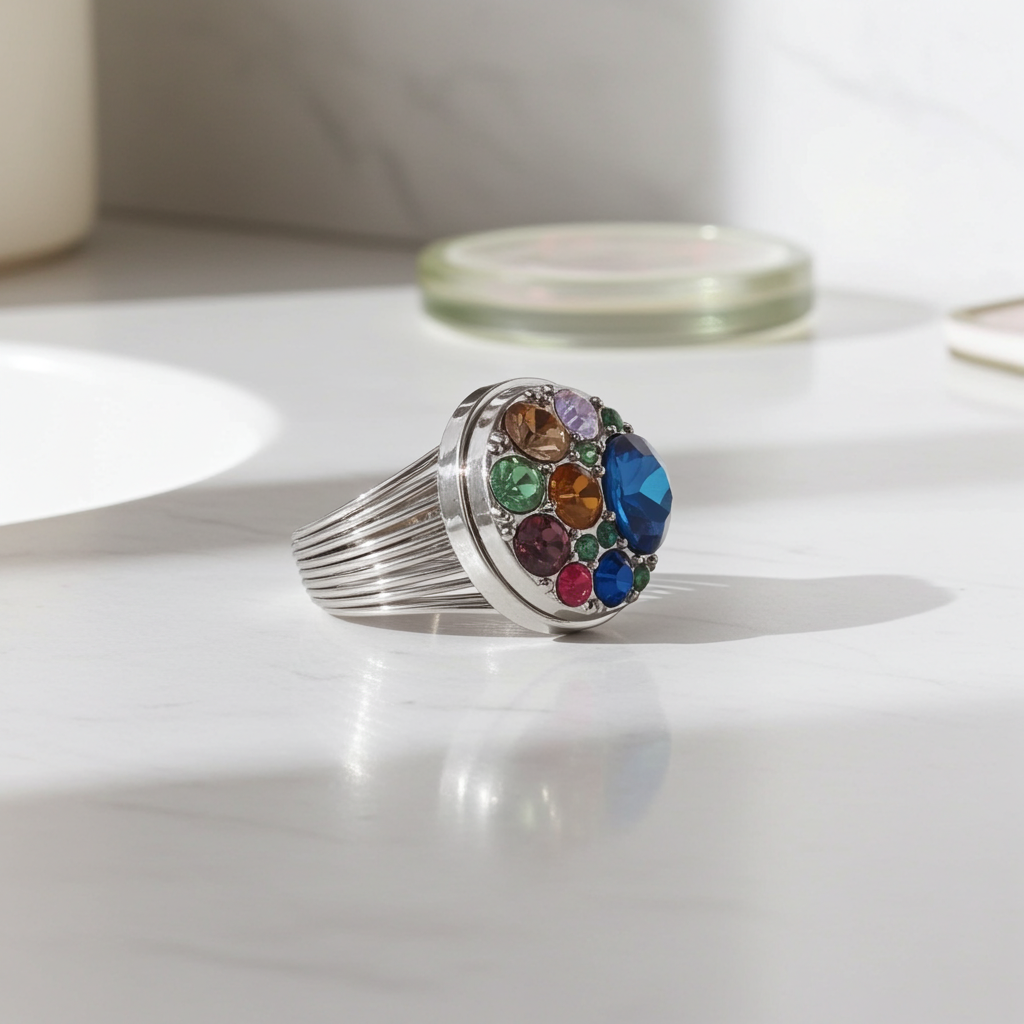 Multi Crystal  Fashion Silver Ring Adjustable
