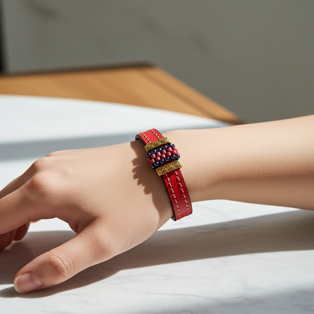 Pink Leather Bracelet with Gold Accents